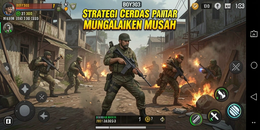 Screenshot menampilkan aksi pertempuran strategis di BOY303.
