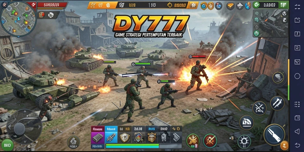 Tangkapan layar utama DY777 menunjukkan pertempuran strategis yang mendebarkan.
