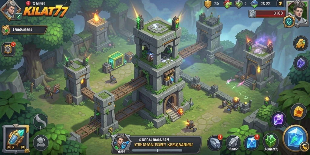 Tampilan gameplay KILAT77 yang menarik dan penuh warna dalam Tower Defense.