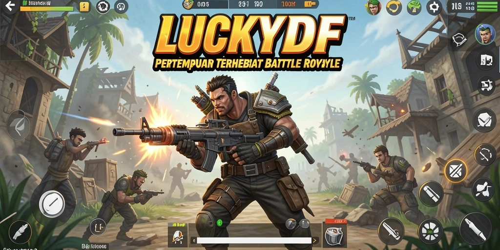 Menampilkan aksi pertempuran seru di LUCKYDF dengan pemain dari berbagai latar belakang.