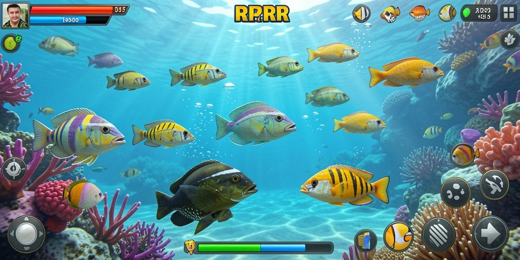 Screenshot utama dari gameplay seru RPRR dengan berbagai ikan berwarna.