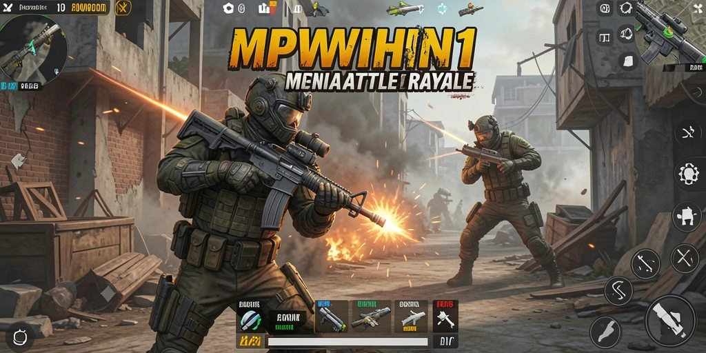 Tangkapan layar utama menunjukkan aksi seru dalam RPWIN1 Battle Royale.
